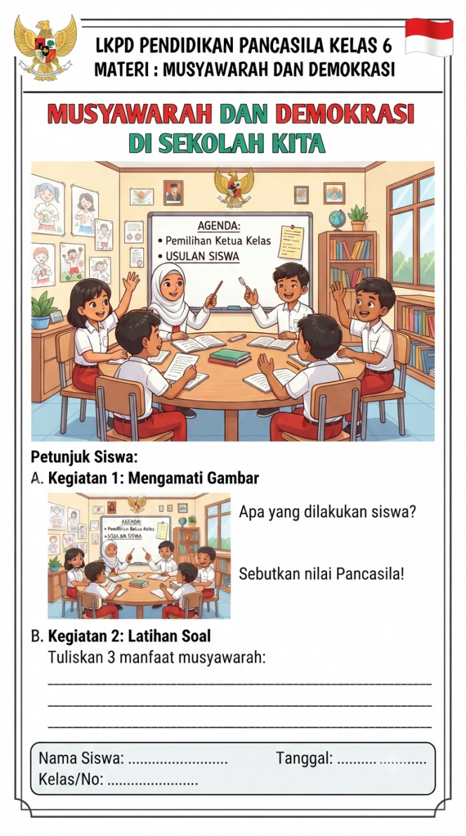 
LKPD Pendidikan Pancasila Kelas 6 Materi Musyawarah dan Demokrasi Siap Cetak