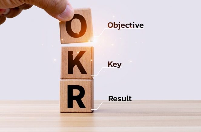 
OKR text on wooden cube blocks on white background. Business target and drive business and performance. Focus on goal. Achieve business growth by flexible management.